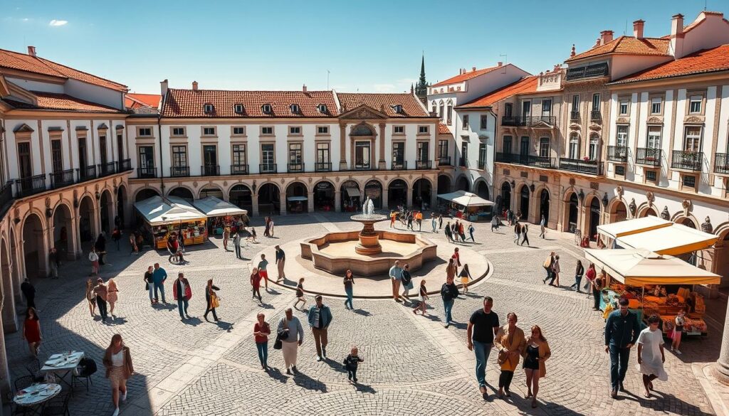 A sun-dappled town square in the historic city of Évora, Portugal. Praça do Giraldo, the pulsing heart of the city, surrounded by elegant 16th-century architecture with its iconic Manueline-style fountain at the center. Cobblestone paths lead through the lively plaza, bustling with locals and visitors alike, enjoying the vibrant atmosphere. In the foreground, people stroll and converse, while in the middle ground, vendors sell their wares from charming market stalls. The background is dominated by the stately whitewashed buildings, their red tile roofs and ornate facades casting warm shadows across the scene. The overall mood is one of timeless charm and historic ambiance, capturing the essence of Évora's enduring cultural heritage.