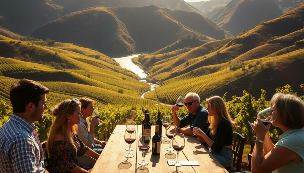 A sun-dappled vineyard in the heart of the Douro Valley, Portugal. In the foreground, a group of wine enthusiasts gathered around a long, wooden table, swirling and sipping the region's renowned vintages. The middle ground showcases the undulating, terraced slopes, lush with vibrant green vines. In the background, the iconic Douro River winds its way through the rugged, ochre-hued landscape. Soft, warm lighting filters through the scene, casting a golden glow and creating an atmosphere of conviviality and appreciation for the art of winemaking. A wide-angle lens captures the sweeping vista, with the tasters' expressions of delight and deep contemplation at the center of the frame.