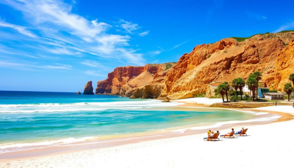A sun-drenched beach along the Algarve coast in southern Portugal. Soft white sand leads to gently lapping turquoise waves, framed by dramatic rust-colored cliffs. In the foreground, a few beachgoers relax on lounge chairs, soaking up the warmth of the Mediterranean sun. Wispy cirrus clouds dot the brilliant blue sky, and a gentle breeze ruffles the palm trees lining the shore. The scene exudes a sense of tranquility and the perfect setting for a leisurely seaside vacation.