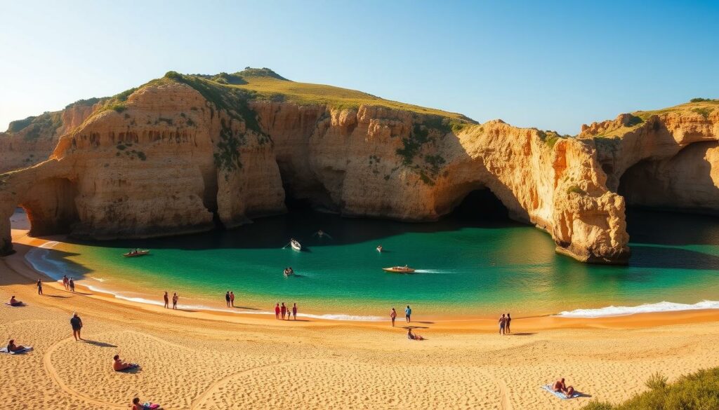 A sun-drenched beach cove surrounded by towering limestone cliffs, the Praia de Benagil in the Algarve region of Portugal. In the foreground, beachgoers leisurely recline on the golden sand, while in the middle ground, kayaks and small boats glide across the turquoise waters. The background features the iconic sea caves and rock formations that have made this destination famous, bathed in warm, diffused light that casts dramatic shadows across the scene. An atmosphere of tranquility and adventure pervades, inviting visitors to explore the natural wonders and partake in activities like swimming, snorkeling, and cave exploration.