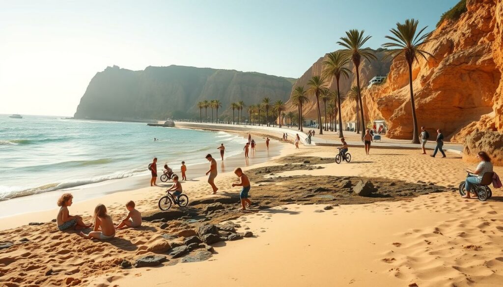 A sun-drenched beach cove with gentle waves lapping at the golden sand. In the foreground, families with young children engage in a variety of activities - building sandcastles, playing in the shallow waters, and exploring tide pools teeming with marine life. The middle ground features a picturesque promenade lined with palm trees, where parents push strollers and kids ride bicycles. In the background, towering cliffs frame the scene, casting warm, soft shadows across the tranquil scene. The lighting is natural and diffused, creating a serene, inviting atmosphere. The camera angle is slightly elevated, capturing the full breadth of the activities and the scenic beauty of Praia dos Três Irmãos.