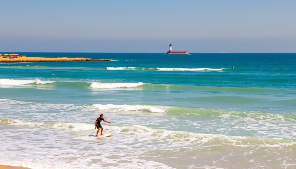A sun-drenched beach in Figueira da Foz, Portugal, where surfers ride the rolling waves. In the foreground, a lone surfer poised on a sleek board, cutting through the turquoise waters. The middle ground reveals a line of colorful umbrellas and sun-loungers along the golden sand, while in the distance, the iconic Buarcos Lighthouse stands tall, guiding mariners. The scene is bathed in a warm, golden glow, captured by a wide-angle lens that accentuates the vast, uninterrupted expanse of the Atlantic Ocean. The atmosphere exudes a sense of relaxation and freedom, inviting the viewer to immerse themselves in the local surf culture of this picturesque coastal town.