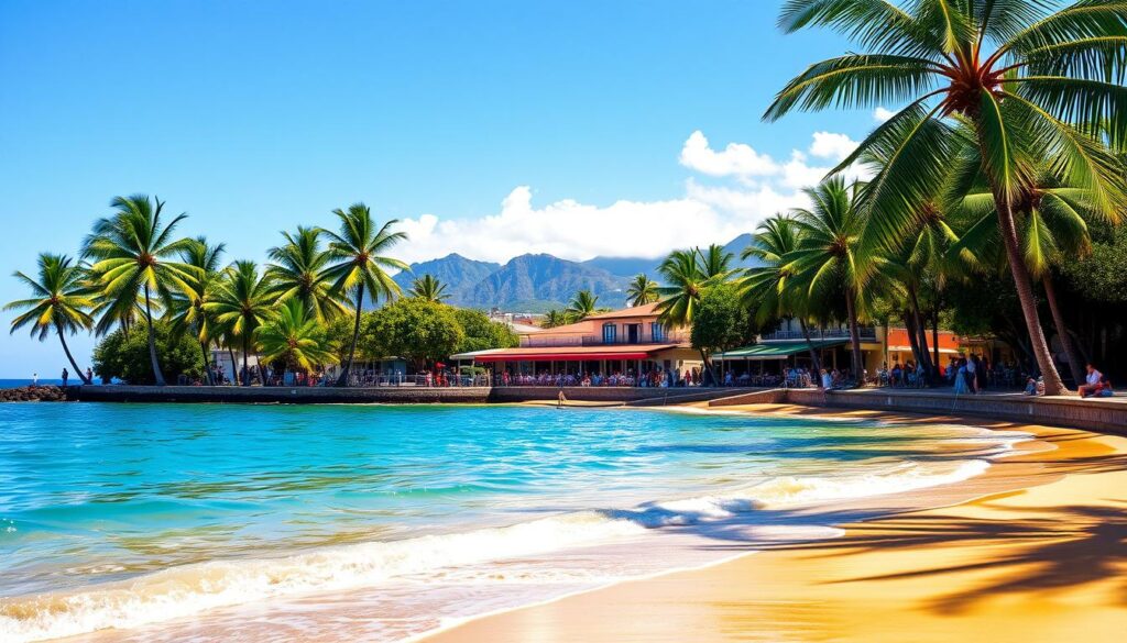 A sun-drenched beach on the beautiful island of Madeira, Portugal. In the foreground, crystal-clear turquoise waters lap at the golden sand, inviting visitors to take a refreshing dip. Lush, verdant palm trees sway gently in the warm Atlantic breeze, casting playful shadows across the scene. In the middle ground, a picturesque seaside promenade lined with charming cafes and shops, all bathed in the soft, golden glow of the March sun. The distant mountains rise majestically in the background, their peaks shrouded in wispy clouds. The overall atmosphere is one of tranquility, relaxation, and the perfect escape from the colder climes of early spring.