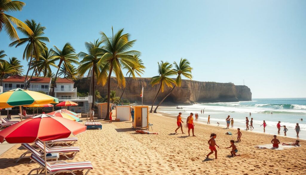 A sun-drenched beach scene at Praia dos Três Irmãos, featuring a well-equipped beachfront service area. In the foreground, colorful beach umbrellas and loungers invite visitors to relax. Families with young children play in the gentle waves, as lifeguards vigilantly watch over the swimmers. The middle ground showcases a variety of beach amenities, including cabanas, showers, and changing rooms, all designed with families in mind. In the background, lush palm trees sway in the ocean breeze, creating a serene and tropical ambiance. The scene is captured through a wide-angle lens, showcasing the expansive beach and the impressive cliffs that frame the picturesque setting. The warm, golden sunlight bathes the entire scene, creating a welcoming and inviting atmosphere.