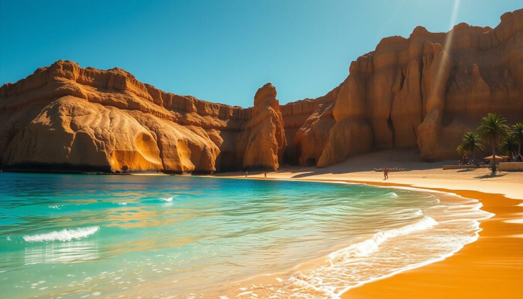 A sun-drenched beach with golden sands and crystal-clear turquoise waters lapping at the shore. Dramatic ochre cliffs rise up in the background, casting soft shadows across the scene. Three distinctive rock formations, the "Três Irmãos", stand tall and proud in the middle distance, their weathered shapes silhouetted against the bright sky. Gently swaying palm trees line the edge of the beach, adding a tropical touch. The overall atmosphere is one of serene tranquility, inviting the viewer to imagine themselves strolling along the water's edge or relaxing on the warm sand.