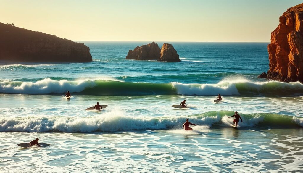 A sun-drenched beach with rolling waves crashing against the rugged cliffs of Praia da Arrifana. Surfers gracefully navigate the powerful swells, their silhouettes etched against the horizon. Warm, golden light bathes the scene, casting a vibrant glow on the tanned skin and colorful wetsuits of the riders. In the distance, the rocky headlands jut out into the vast, azure ocean, framing the dynamic seascape. The atmosphere is one of adventure, freedom and the pure joy of riding the ocean's currents. A wide-angle lens captures the expansive, cinematic scale of this iconic Portuguese surf spot.