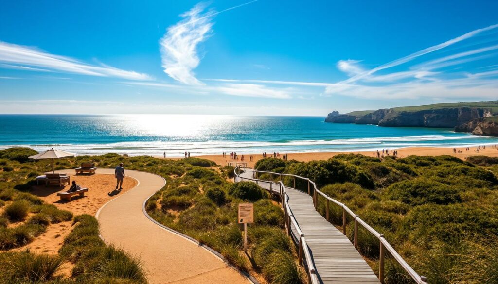 A sun-drenched beachfront in Portugal, the Meia Praia near Lagos showcases a barrier-free coastal paradise. In the foreground, a wide, accessible boardwalk winds through lush dunes, inviting visitors of all abilities to stroll along the golden sands. Shaded seating areas and informative signage dot the landscape, ensuring a comfortable and enriching experience. In the middle ground, families and friends gather, enjoying the gentle waves and serene atmosphere. Beyond, the sparkling turquoise waters stretch toward the horizon, framed by rugged cliffs and a clear, azure sky. Soft lighting filters through wispy clouds, creating a warm, welcoming ambiance that captures the essence of this inclusive, coastal haven.