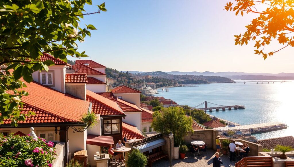 A sun-drenched cityscape of Lisbon, Portugal, in the midst of a vibrant February. The foreground showcases the iconic red-tiled roofs and historic architecture, with lush greenery and blooming flowers lining the cobblestone streets. In the middle ground, a bustling outdoor cafe scene, locals and tourists alike sipping coffee and enjoying the mild, comfortable weather. The background reveals the Tagus River, its tranquil waters reflecting the azure sky and distant hills. Warm, golden lighting filters through, creating a welcoming, inviting atmosphere. The image captures the essence of Lisbon's best travel season, when the city is alive with energy and the perfect climate for exploration.
