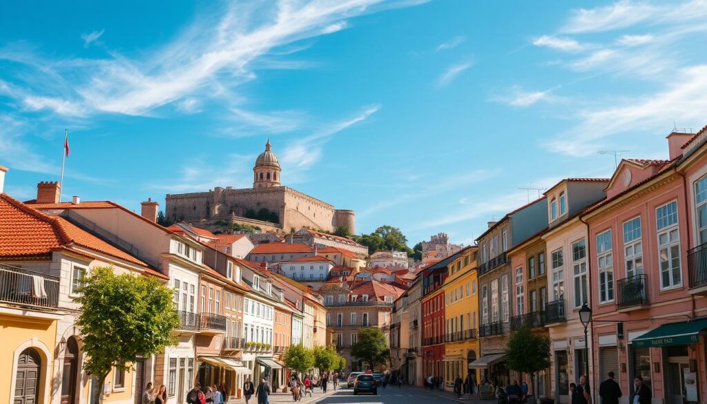 A sun-drenched cityscape of Lisbon, Portugal in the warm, golden glow of late summer. In the foreground, a charming cobblestone street lined with iconic pastel-colored buildings and bustling with locals and tourists. In the middle ground, the magnificent Castelo de São Jorge perches atop a hilltop, its reddish-orange tiled roofs and ancient stone walls standing in majestic contrast to the modern highrises in the distance. The sky is a brilliant azure, dotted with wispy cirrus clouds. The overall atmosphere is one of relaxed Mediterranean elegance, inviting the viewer to explore the vibrant culture and captivating architecture of this historic European capital during its most pleasant time of year.