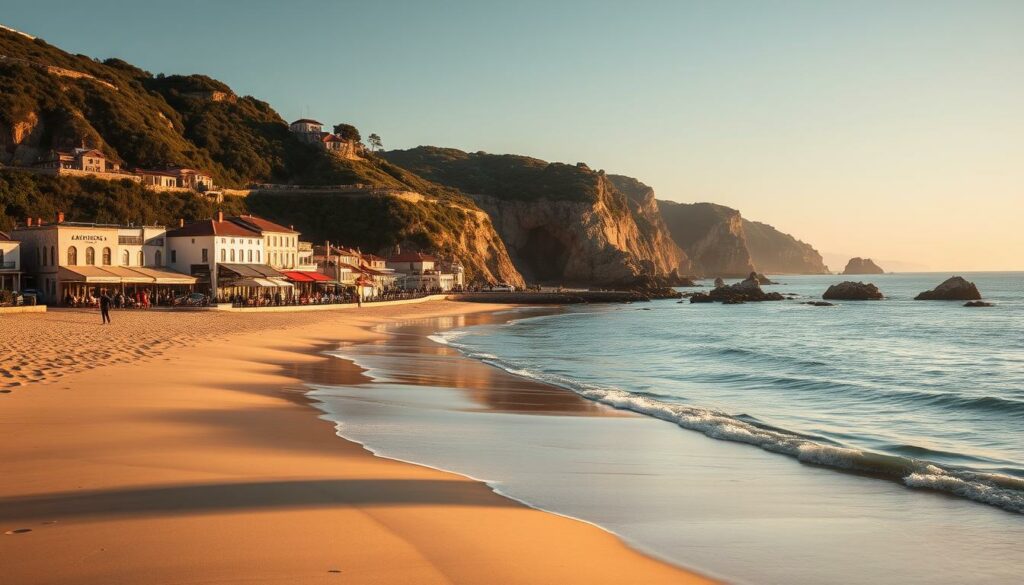 A sun-drenched coastal landscape at the golden hour, capturing the essence of the best travel time along the Cascais coastline. In the foreground, a serene beach with soft, golden sand and gently lapping waves. In the middle ground, a picturesque promenade lined with charming cafes and shops, their colorful umbrellas and facades casting warm, inviting shadows. In the background, rugged cliffs and lush, verdant vegetation frame the scene, creating a sense of tranquility and natural beauty. The lighting is soft and diffused, accentuating the pastel tones and creating a dreamy, atmospheric feel. The camera angle is slightly elevated, offering a panoramic view that showcases the stunning coastline and its idyllic charm.