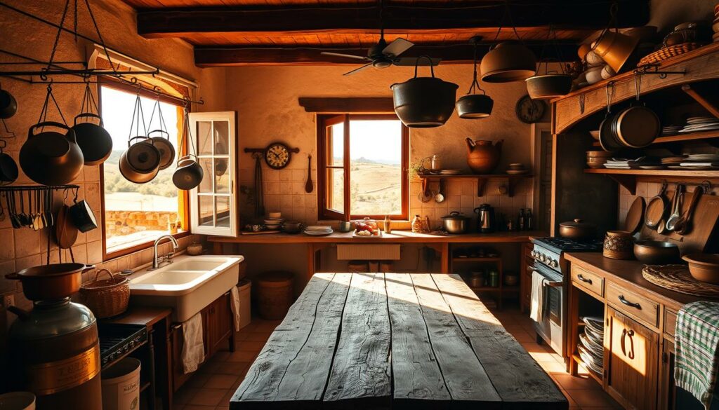 A sun-drenched kitchen in the heart of the Alentejo region, adorned with traditional terracotta tiles and rustic wooden furnishings. Pots and pans hang from wrought-iron racks, their contents simmering with the rich aromas of olive oil, garlic, and locally sourced ingredients. A large, weathered wooden table dominates the center, inviting guests to gather and savor the abundant flavors of the region. The room is bathed in a warm, golden light that filters through the open windows, where a glimpse of rolling hills and olive groves can be seen in the distance. The atmosphere is one of calm, unhurried contentment, a celebration of the Alentejo's enduring culinary traditions and the simple pleasures of country living.