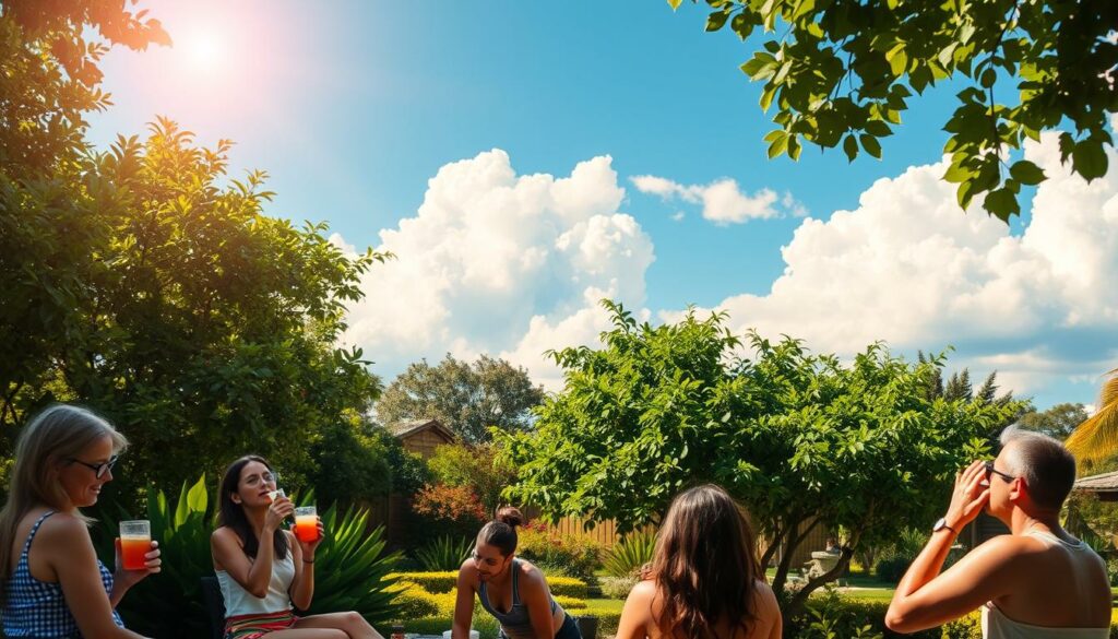 A sun-drenched scene depicting health tips for hot weather. In the foreground, a group of people hydrating with cool drinks and applying sunscreen. In the middle ground, a lush, verdant garden with shady trees providing respite from the heat. The background features a clear blue sky with fluffy white clouds, conveying a sense of warmth and tranquility. The lighting is warm and natural, with soft shadows and highlights accentuating the scene. The overall mood is one of relaxation and well-being, encouraging the viewer to prioritize their health and comfort during the hot summer months.