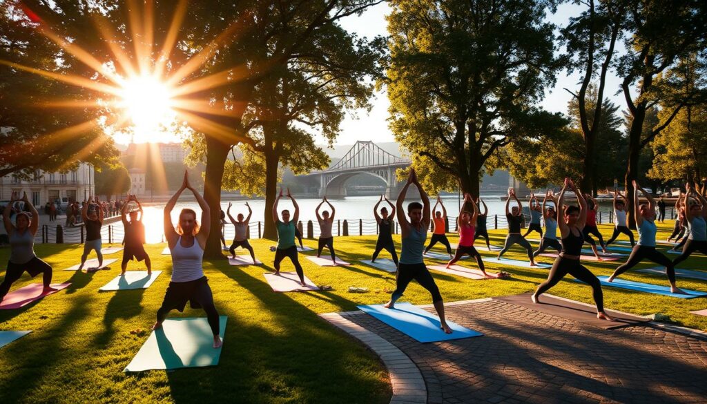 A sun-drenched scene of yoga practitioners in a picturesque Porto park. In the foreground, individuals gracefully flow through asanas on colorful yoga mats, their bodies silhouetted against the backdrop of historic buildings. The middle ground features lush greenery and cobblestone paths, inviting onlookers to join in the peaceful practice. Warm, golden light filters through the trees, casting a serene glow over the scene. In the distance, the iconic Dom Luis I Bridge spans the Douro River, its arches reflected in the calm waters below. The overall atmosphere radiates a sense of tranquility and connection with the city's natural and architectural beauty.