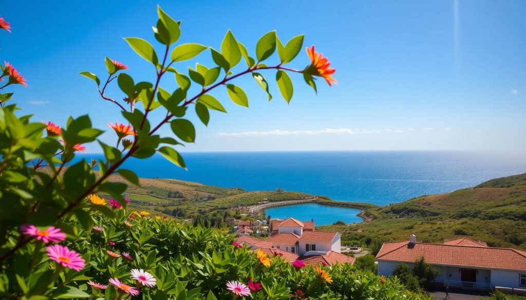 A sun-drenched scene on the Azores in June, with a vibrant azure sky overhead. In the foreground, lush green foliage and colorful native flowers sway gently in the ocean breeze. The middle ground features a picturesque village, its terracotta-tiled roofs and whitewashed walls reflected in a tranquil lagoon. In the distance, rolling hills covered in verdant vegetation stretch towards the horizon, where the shimmering blue of the Atlantic meets the sky. The lighting is warm and natural, creating a serene and inviting atmosphere that captures the essence of the Azores' idyllic summer weather.