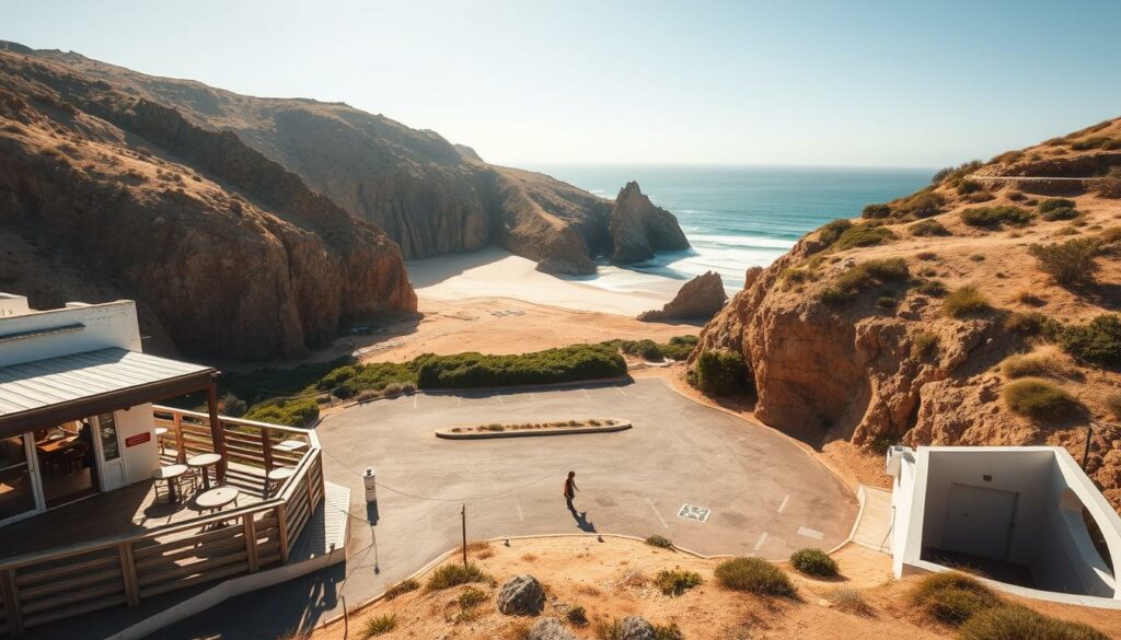 A sun-drenched seaside cafe nestled amidst the rugged, dune-dotted landscape of Praia do Castelejo. In the foreground, a charming beachfront restaurant with weathered wooden decking and whitewashed walls, its open-air terrace offering panoramic views of the golden sands and turquoise waters beyond. In the middle ground, a well-marked parking area, bordered by native vegetation, provides convenient access for visitors. The background showcases the dramatic, dark-hued cliffs that tower over the pristine beach, casting dramatic shadows and creating a serene, tranquil atmosphere. Warm, diffused lighting bathes the scene, evoking a sense of relaxation and coastal serenity. Captured through a wide-angle lens to emphasize the picturesque setting, this image perfectly encapsulates the practical accessibility and stunning natural beauty of Praia do Castelejo.