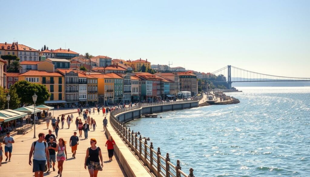 A sun-drenched seaside promenade in Lisbon, Portugal, on a warm September day. In the foreground, people stroll leisurely, enjoying the mild temperatures and gentle ocean breeze. The middle ground features vibrant, pastel-colored buildings with terracotta roofs, characteristic of the city's iconic architecture. In the background, the Tagus River sparkles under the golden glow of the afternoon sun, with the iconic 25 de Abril Bridge visible in the distance. The scene conveys a sense of relaxation and the perfect time to explore Lisbon's charming streets, historic landmarks, and lively cultural scene.