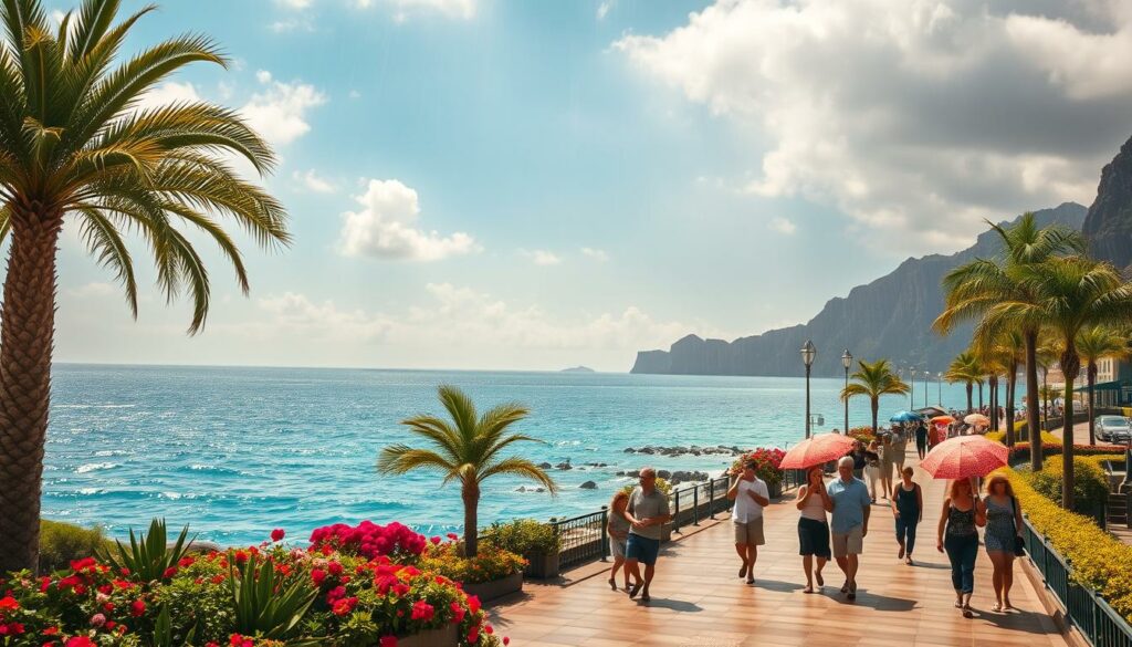 A sun-drenched seaside promenade in Madeira, with vibrant blooms and lush palm trees lining the walkway. The azure ocean glistens in the distance, framed by rugged cliffs. Locals and tourists stroll leisurely, umbrellas in hand, as an unexpected rain shower dances across the scene, creating a sense of unpredictable yet captivating weather. Warm, diffused light filters through the clouds, casting a golden glow over the entire landscape. The composition emphasizes the juxtaposition of the calm, picturesque setting and the sudden, fleeting nature of the rain, embodying the essence of "Wetter Roulette Madeira" in May.