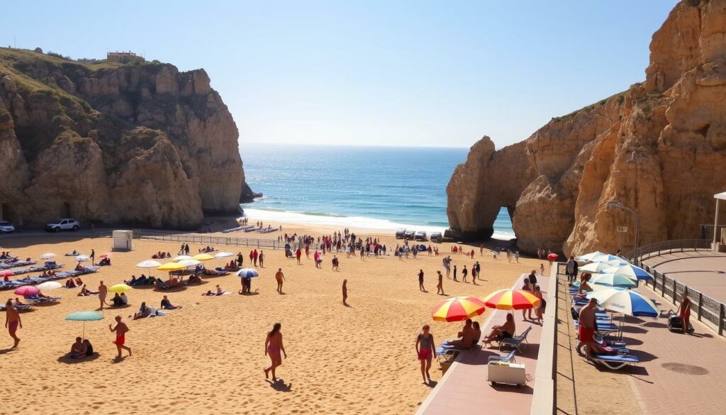 A sun-drenched seaside promenade in Portimão, Portugal, where the iconic Praia da Rocha unfolds. In the foreground, sun-kissed beachgoers stroll along the wide, golden sands, their vibrant umbrellas and towels adding splashes of color to the scene. The middle ground reveals the stunning limestone cliffs that rise majestically, their rugged formations casting dramatic shadows across the landscape. In the distance, the deep blue of the Atlantic Ocean stretches out, its gentle waves lapping against the shore. Soft, warm lighting bathes the entire scene, creating a sense of relaxation and tranquility. This image captures the contrasts of Portimão - the lively seaside activity juxtaposed with the serene, natural beauty of the region.