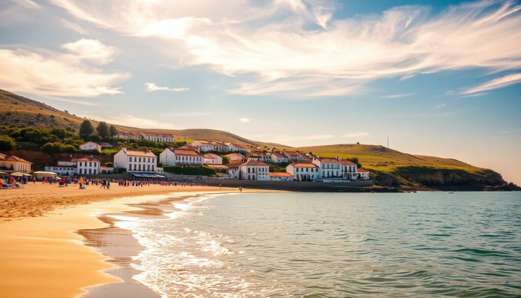 A sun-drenched seaside scene along the picturesque Algarve coast. In the foreground, a serene sandy beach dotted with colorful umbrellas and loungers. Gentle waves lap at the shore, inviting beachgoers to unwind. The middle ground features a quaint whitewashed village, its red-tiled roofs and cobbled streets reflecting the region's distinctive architecture. In the background, rolling hills covered in lush Mediterranean vegetation frame the tranquil vista. Warm, golden sunlight filters through wispy clouds, casting a soft, dreamy glow over the entire scene. An atmosphere of total relaxation and tranquility pervades, perfectly capturing the essence of a leisurely day in the Algarve.