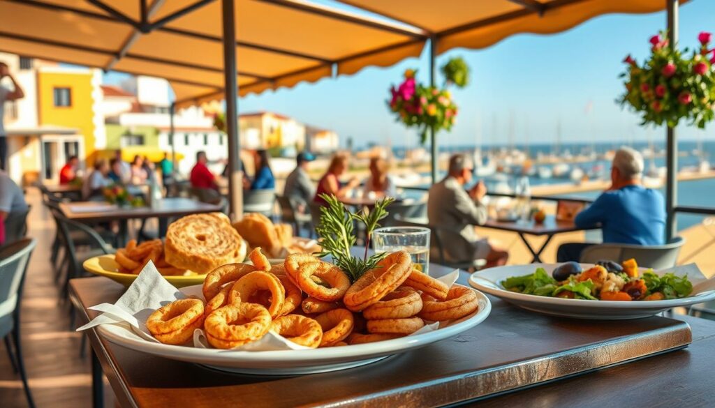 A sun-drenched seaside village in the Algarve, Santa Luzia is renowned for its delectable squid dishes. In the bustling central square, a family-owned restaurant showcases the bounty of the sea, with a charming outdoor terrace offering panoramic views of the fishing boats and colorful buildings. Tender calamari rings, grilled to perfection, are served alongside crisp salads and crusty bread, all bathed in the warm glow of the afternoon sun. The air is heavy with the tantalizing aroma of garlic and olive oil, drawing in passersby to savor the local flavors. A sense of relaxed coastal living permeates the scene, where diners linger over their meals, savoring every bite and sip against the backdrop of the shimmering Ria Formosa lagoon.