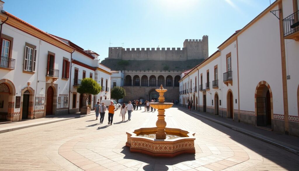 A sun-drenched square in the historic town of Mértola, Portugal. In the foreground, a beautiful Moorish-style fountain stands as a testament to the town's rich Arabic heritage. Surrounding it, traditional whitewashed buildings with colorful tiles and intricate arched doorways line the square, creating a captivating atmosphere. In the middle ground, a few locals and visitors stroll leisurely, immersed in the serene ambiance. The background features the iconic silhouette of the Mértola Castle, its imposing walls and turrets casting shadows across the scene. Warm, golden light filters through the air, accentuating the timeless charm of this enchanting destination.