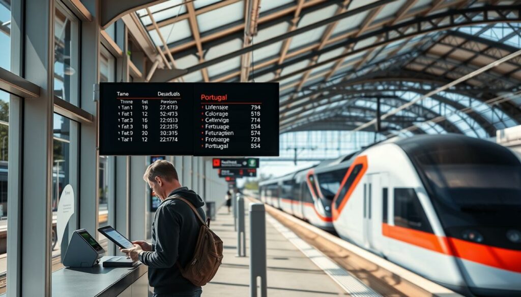 A sunny, modern train station platform with glass walls and steel beams. In the foreground, a person stands at a ticket counter, intently studying a tablet or phone screen, searching for the best deals on train tickets. The middle ground features a digital display board showing departure times and destinations, with Portugal destinations highlighted. In the background, the outline of a high-speed train can be seen pulling into the station, its sleek, aerodynamic design conveying efficiency and comfort. The overall scene radiates a sense of easy, stress-free travel, capturing the spirit of the "günstig, entspannt und total unterschätzt" theme.