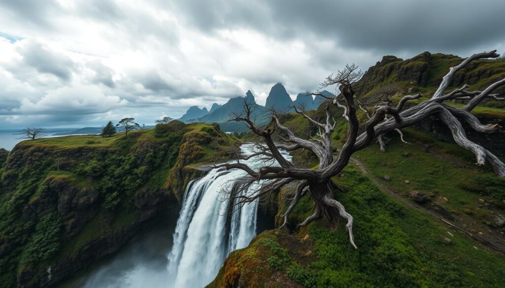 A sweeping aerial view of the dramatic cliffs and lush foliage of Madeira, set against a backdrop of ominous storm clouds. In the foreground, a powerful waterfall cascades over the rocky terrain, its mist creating an ethereal, otherworldly atmosphere. The middle ground features ancient, gnarled trees struggling against the fierce winds, their branches twisted and bent. In the distance, towering peaks pierce the stormy skies, hinting at the island's extreme weather conditions. Crisp, high-contrast lighting emphasizes the rugged, weathered textures, while a sense of dynamic tension and environmental severity pervades the scene, reflecting the "Wetterextreme und Ausnahmen" theme.