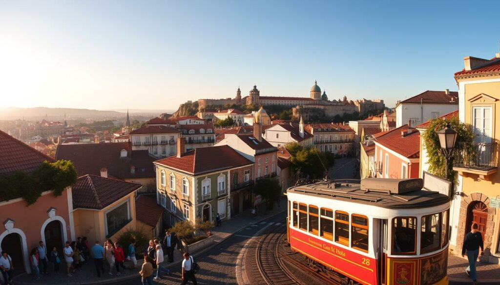 A sweeping panoramic view of a historic tram route through the heart of Lisbon, Portugal. The iconic Tram 28 glides along a winding path, flanked by a tapestry of colorful buildings, cobblestone streets, and iconic landmarks. In the foreground, passengers disembark, immersing themselves in the vibrant energy of the city. The middle ground features distinctive architectural details, intricate tile work, and lush greenery spilling over balconies. In the background, the rolling hills and striking silhouettes of Lisbon's famous landmarks, such as the Jerónimos Monastery and the Castelo de São Jorge, create a dramatic and picturesque setting. Warm, golden light filters through the scene, evoking a sense of timeless charm and inviting exploration.