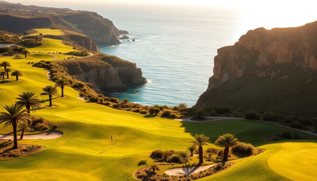 A sweeping seaside golf course, the Golfplatz Algarve nestled along the eastern Algarve coastline, offering stunning ocean vistas. Lush, undulating fairways wind through palm-dotted landscapes, leading to well-manicured greens. Crisp, golden-hour sunlight casts a warm glow over the scene, casting long shadows across the meticulously maintained grounds. In the distance, the sparkling azure waters of the Atlantic stretch out to the horizon, providing a breathtaking backdrop for this picturesque golf haven. Towering cliffs and rugged seaside bluffs frame the course, adding an air of serene, natural beauty to this golfer's paradise.