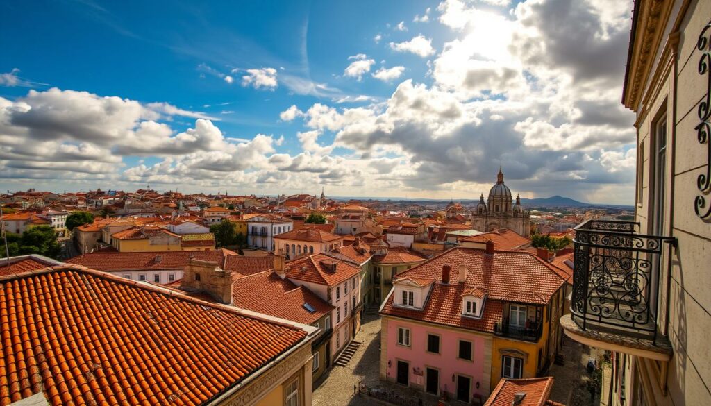 A sweeping vista of Lisbon's historic Alfama district, captured from the iconic Portas do Sol overlook. The sun-dappled rooftops and winding cobblestone streets below are framed by a dramatic sky, its clouds tinged with warm golden hues. In the foreground, ornate wrought-iron balconies and weathered tile facades add timeless charm, while in the distance, the iconic domes and spires of churches rise above the cityscape. A wide-angle lens accentuates the grandeur of the scene, inviting the viewer to soak in the breathtaking panorama that has captivated visitors for centuries. An atmosphere of tranquil serenity and timeless beauty pervades, perfectly embodying the essence of this beloved Miradouro.