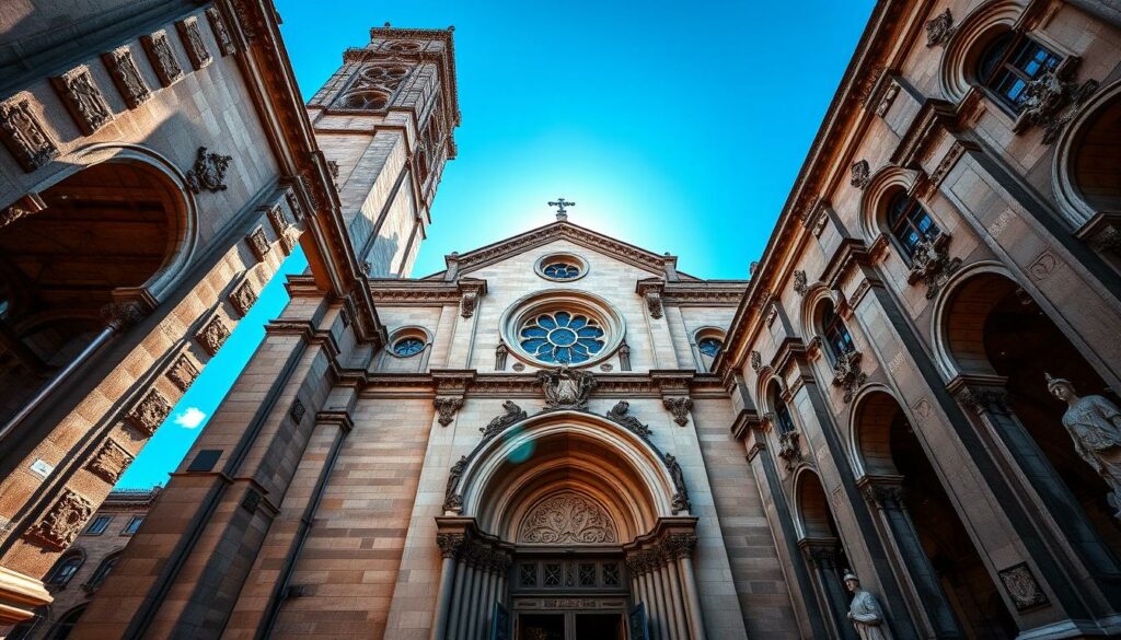 A towering Romanesque façade stands majestic against the azure sky, its weathered stone façade adorned with intricate carvings and soaring arches. Imposing columns flank the grand entryway, their capitals intricately decorated with foliage and fantastical creatures. Sunlight streams through the ornate windows, casting a warm glow over the intricate details of the façade. The cathedral's silhouette commands attention, a testament to the skilled craftsmanship and architectural prowess of its medieval builders. This captivating blend of Romanesque, Gothic, and Baroque elements creates a harmonious and visually striking composition, inviting the viewer to explore the rich history and enduring beauty of the Catedral do Porto.