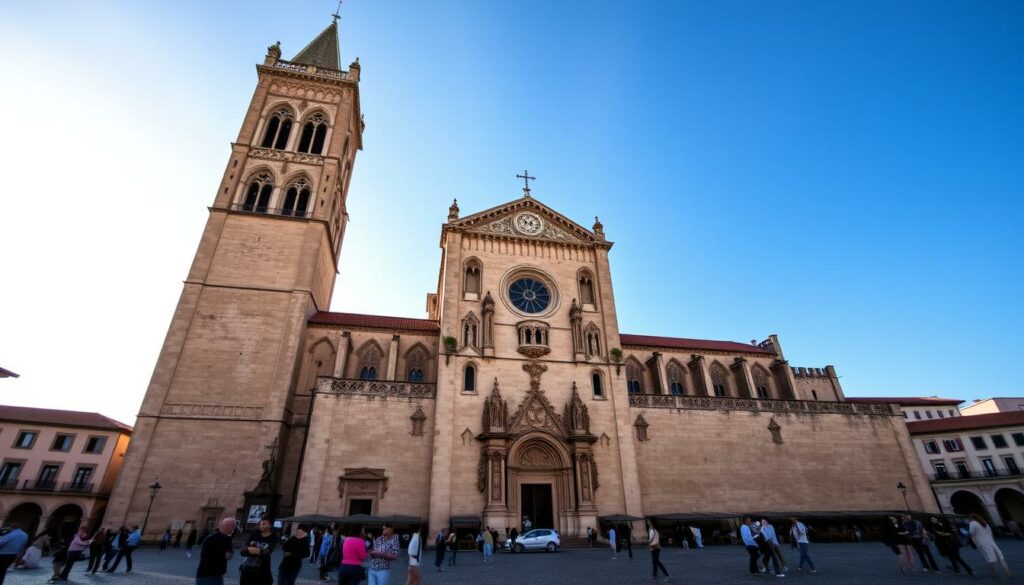 A towering medieval cathedral stands tall against a cloudless azure sky, its weathered stone facade adorned with intricate Gothic carvings. The sun's warm rays illuminate the grand structure, casting long shadows across the cobblestoned plaza below. In the foreground, a group of local residents and tourists gather, admiring the timeless beauty of this historic landmark. The scene exudes a sense of timelessness, where the past and present seamlessly intertwine, inviting the viewer to step back in time and explore the rich cultural heritage of Coimbra, the esteemed university city.