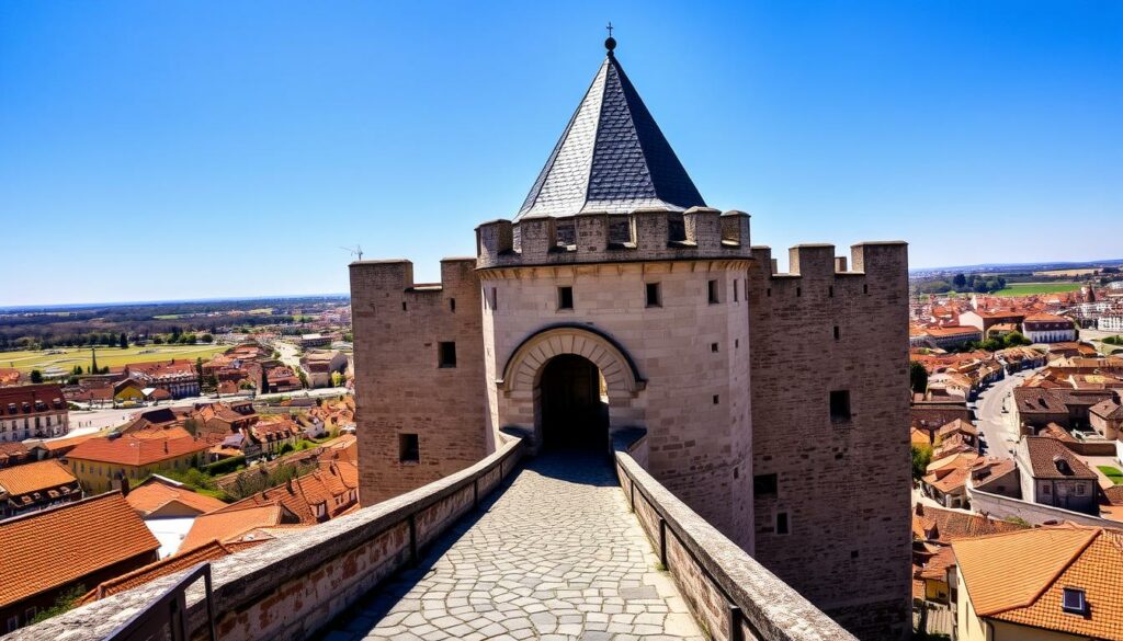 A towering medieval fortress, the Torre de Menagem Burgturm stands proudly against a clear sky. Sunlight casts warm shadows across the weathered stone walls, accentuating the intricate architectural details. The conical roof glistens, its slate tiles reflecting the light. In the foreground, a cobblestone pathway leads visitors towards the imposing entrance, flanked by sturdy buttresses. The middle ground reveals the surrounding city, its red-tiled roofs and winding streets creating a picturesque backdrop. A sense of timeless grandeur permeates the scene, inviting the viewer to imagine the castle's rich history and the stories it holds.