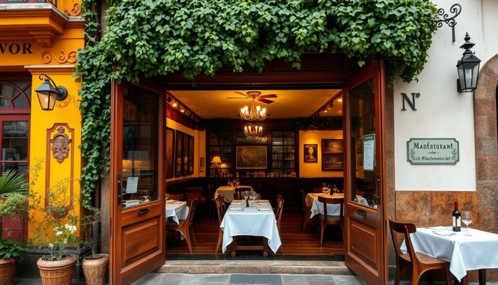 A traditional Madeiran restaurant nestled in the island's lush, verdant landscape. The exterior features ornate, brightly-colored façades with intricate architectural details, inviting pedestrians to step inside. Through the open doorway, glimpse cozy, intimate dining rooms with rustic wooden furnishings, soft candlelight, and crisp white tablecloths. Mouthwatering aromas of grilled espetada, fresh-baked bolo do caco, and local Madeira wine drift out, beckoning diners to savor the authentic flavors of this island paradise. Capture the warm, convivial atmosphere of a quintessential Madeiran eatery, where tradition, hospitality, and culinary excellence converge.