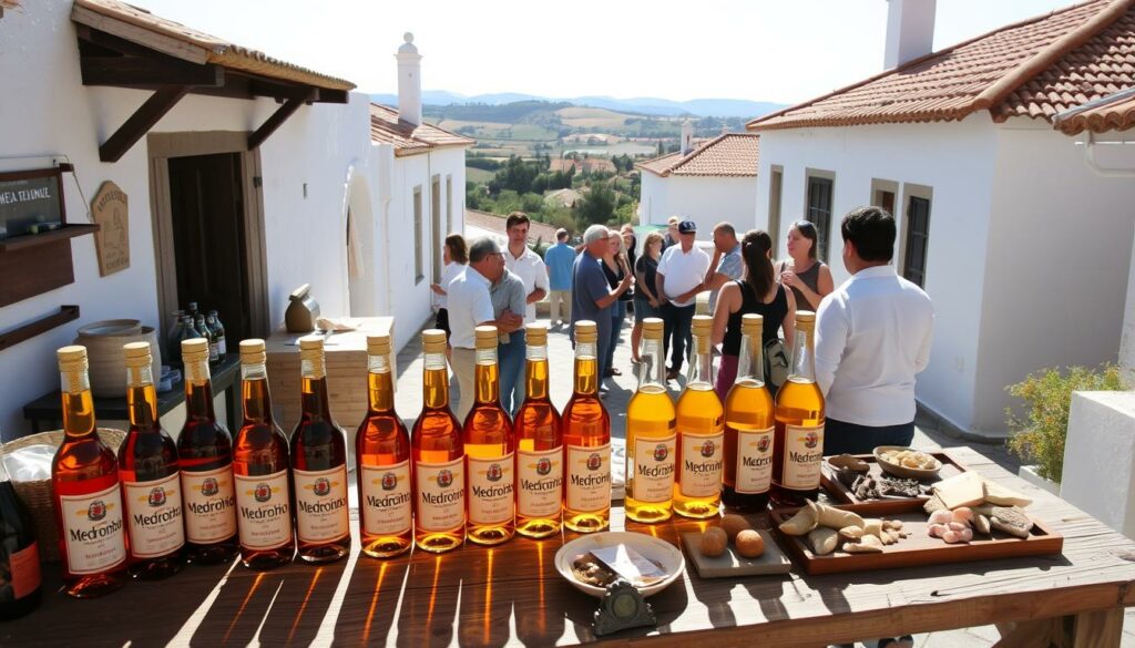 A traditional Medronho tasting station in the sun-drenched Algarve region of Portugal. In the foreground, a rustic wooden counter displays an array of Medronho bottles, their amber hues glowing under the warm Mediterranean light. Beside them, a selection of local snacks and delicacies invite visitors to savor the flavors of this unique Portuguese spirit. In the middle ground, a group of locals and tourists gather around the counter, exchanging stories and sampling the region's artisanal Medronho offerings. In the background, whitewashed buildings with terracotta roofs frame a vista of rolling hills and olive groves, creating a charming and authentic atmosphere for this traditional Medronho tasting experience.