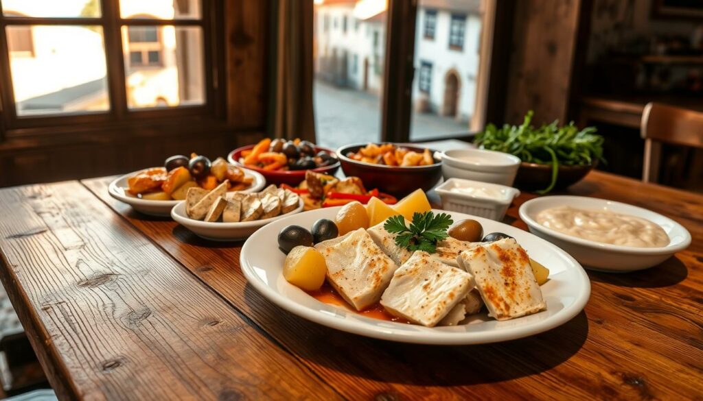 A traditional Portuguese bacalhau (salted cod) dish, served on a rustic wooden table. In the foreground, a plate of Stockfisch Gerichte, featuring flaky cod fillets, boiled potatoes, olives, and a garnish of fresh parsley. The middle ground showcases a variety of bacalhau-based side dishes, such as roasted vegetables and a creamy purée. In the background, a window offers a glimpse of a quaint Portuguese village, with cobblestone streets and whitewashed buildings bathed in warm, golden light. The overall scene evokes the comforting, homespun nature of Portuguese cuisine and the deep cultural significance of the beloved bacalhau.