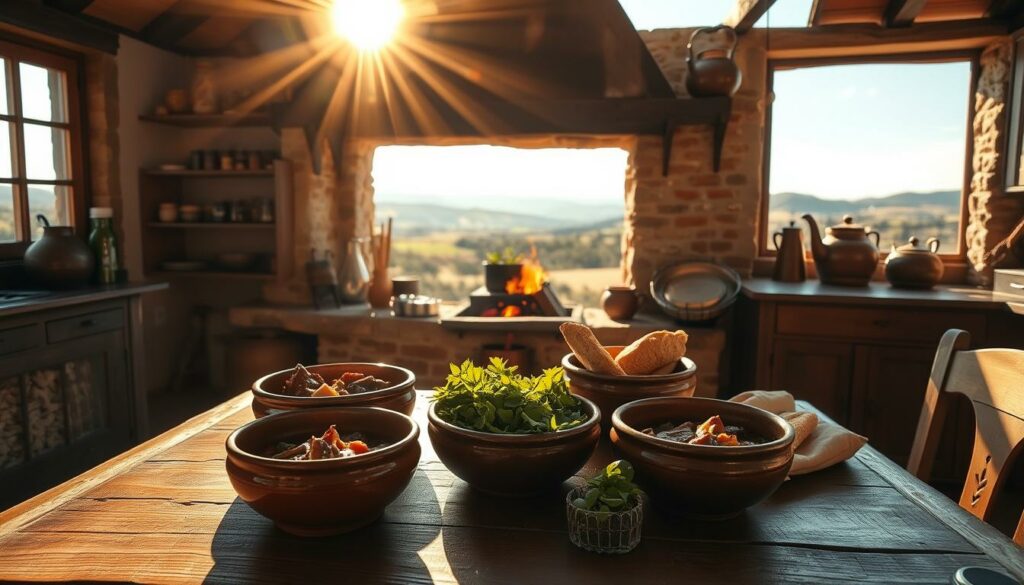 A traditional alentejanische kitchen, bathed in warm, golden sunlight streaming through large windows. In the foreground, a rustic wooden table is set with earthenware bowls filled with hearty stews, accompanied by crusty bread and a vibrant green salad. The middle ground features a large, well-worn stone fireplace, its embers glowing, and shelves lined with antique copper pots and jars of preserved ingredients. The background reveals a picturesque countryside view, rolling hills and olive groves under a clear blue sky. The overall atmosphere exudes a sense of homely comfort and the rich culinary heritage of the Alentejo region.