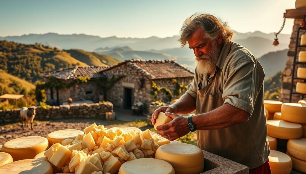 A traditional cheesemaking scene in the Serra Estrela mountains, Portugal. In the foreground, a weathered shepherd carefully tends to the curds, his hands deftly manipulating the fresh cheese. The middle ground reveals a rustic stone building, its walls adorned with trailing vines, where the cheese is aged. In the background, rolling hills and valleys covered in lush greenery stretch out, with a glimpse of the iconic Serra Estrela peaks in the distance. Warm, golden natural lighting casts a soft glow over the entire tableau, evoking a sense of timeless tradition and connection to the land. The scene conveys the authentic spirit of Portuguese artisanal cheesemaking, a vital part of the region's cultural heritage.