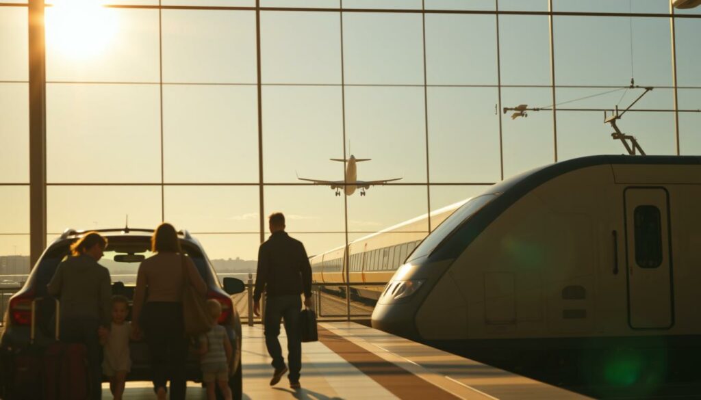 A tranquil airport terminal, sunlight streaming through the windows, with a sleek passenger jet taking off in the distance. In the foreground, a family packs their car, ready to embark on a Portuguese road trip. In the middle ground, a high-speed train waits at the platform, its streamlined design hinting at the comfort and convenience of rail travel. The scene conveys the excitement and anticipation of arriving in Portugal, with each mode of transport offering a unique and memorable journey. Warm, golden tones set the mood, inviting the viewer to imagine themselves setting off on this captivating adventure.