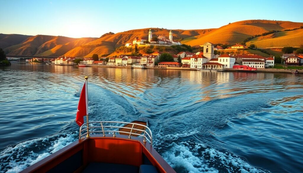 A tranquil boat tour on the serene Douro River, with a warm, golden sunset illuminating the picturesque banks. The foreground features a traditional, wooden river boat gently gliding across the calm, reflective waters, while the middle ground showcases the historic buildings and charming architecture of the riverside towns. In the background, rolling hills and vineyards create a serene, pastoral backdrop. The scene is bathed in a soft, warm light, creating a cozy, relaxing atmosphere perfect for enjoying the natural beauty of northern Portugal during the golden hour.