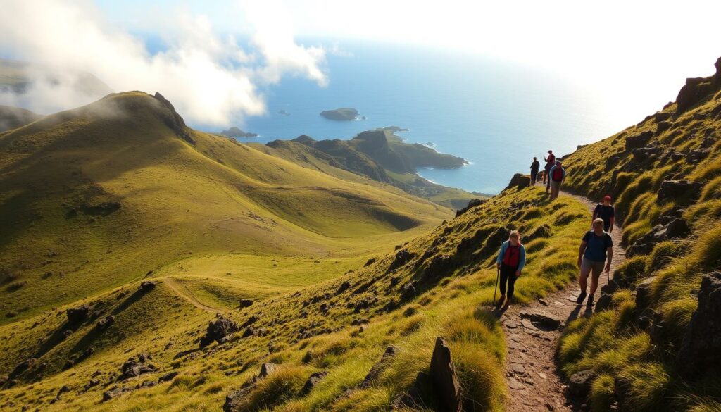 A tranquil coastal scene on the Azores archipelago, with a rugged, windswept trail winding through lush green hills and rocky outcroppings. Sunlight filters through wispy clouds, casting a warm, golden glow over the landscape. In the distance, the deep blue Atlantic Ocean meets the horizon, dotted with small islands. Hikers in comfortable outdoor gear explore the meandering path, taking in the stunning vistas and serene atmosphere. The image conveys a sense of adventure, exploration, and connection with nature, perfectly capturing the essence of "Top Aktivitäten beim Azoren Inselhopping".