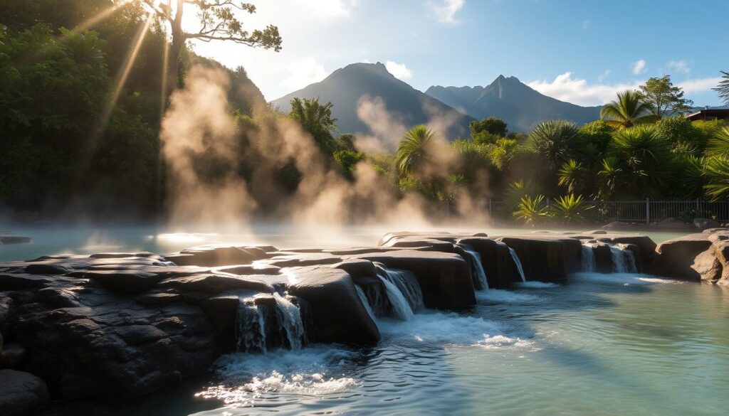 A tranquil natural oasis, the Poça da Dona Beija hot springs sit nestled amidst lush verdant foliage. Steaming thermal waters cascade gently over smooth volcanic rock formations, creating a serene pool perfect for relaxation. Warm mist drifts lazily through the air, enveloping the scene in a dreamlike, ethereal atmosphere. Rays of sunlight pierce through the canopy above, casting a soft, golden glow across the scene. In the distance, the rugged silhouettes of towering volcanic peaks rise majestically, completing this picturesque tableau of Azorean natural splendor.