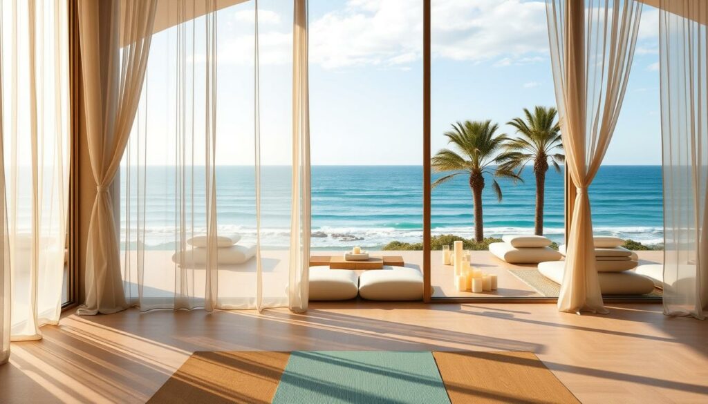 A tranquil oasis of wellness, set against the breathtaking backdrop of the Algarve coast. In the foreground, a serene yoga studio with floor-to-ceiling windows overlooking the azure ocean. Soft natural lighting filters through sheer curtains, casting a warm, soothing glow. The middle ground features a beautifully curated wellness space, with plush cushions, aromatherapy candles, and an array of holistic treatments. In the distance, the silhouette of swaying palm trees and the gentle lapping of waves create a sense of peaceful harmony. This is a sanctuary for the mind, body, and spirit, where the rhythm of the sea and the wisdom of ancient practices converge, offering a truly transformative experience.