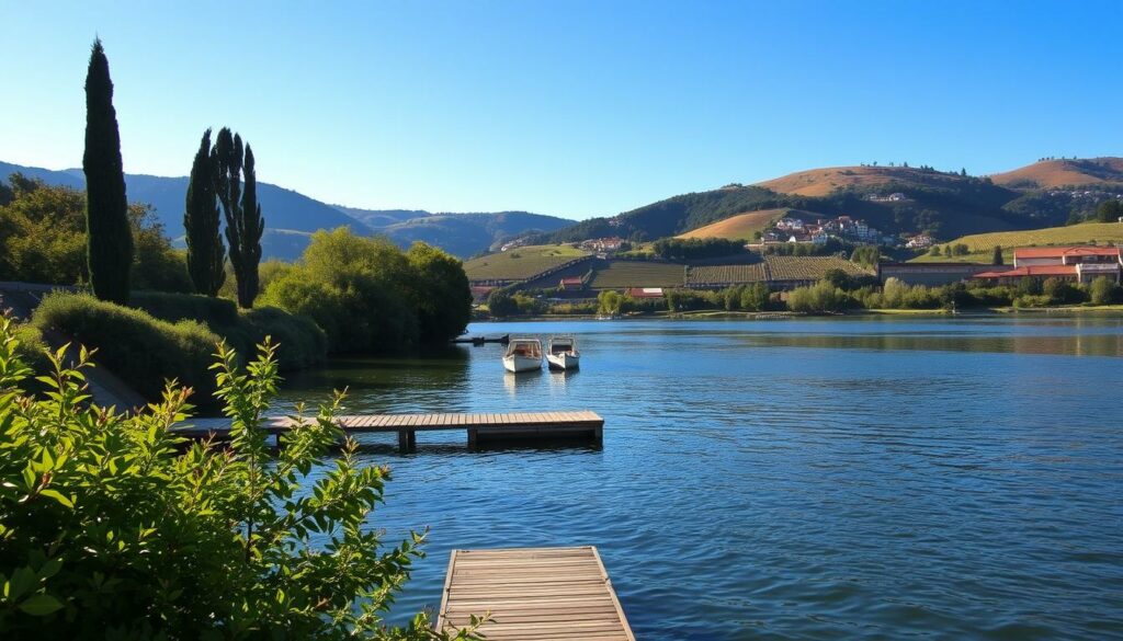 A tranquil riverbank scene along the Douro River, where the starting point of a leisurely boat tour awaits. A small wooden dock or jetty extends into the calm, gently flowing waters, inviting visitors to embark on their journey. The foreground is dotted with lush greenery, with tall trees and shrubbery lining the banks. In the middle ground, traditional Portuguese rowboats or small passenger vessels are moored, their hulls reflecting the rippling surface of the river. The background features rolling hills and vineyards, characteristic of the Douro Valley region, bathed in a warm, golden afternoon light. An atmosphere of serene relaxation and anticipation pervades the scene, setting the stage for an unforgettable experience on the Douro.