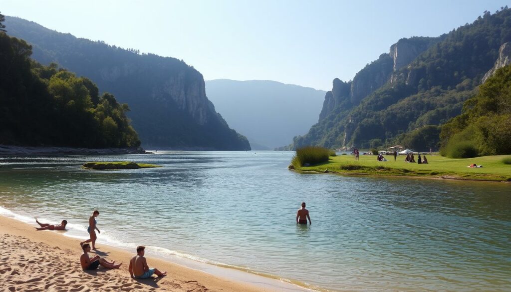 A tranquil riverside scene along the banks of a central Portuguese river, with people enjoying various activities. In the foreground, a group of friends relax on the sandy beach, some wading in the calm, crystalline waters. In the middle ground, others can be seen picnicking on the grassy riverbank, surrounded by lush vegetation. In the background, towering cliffs and hills create a dramatic natural backdrop, with warm, golden sunlight filtering through the trees. The atmosphere is serene and peaceful, conveying a sense of escape from the crowds and bustle of mass tourism. A beautiful, unspoiled natural setting, ideal for a quiet day by the river.