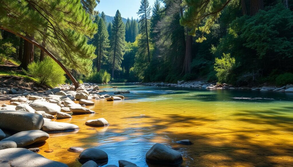 A tranquil, sun-dappled riverbank in the Serra Estrela mountains of central Portugal. Smooth, sun-warmed boulders line the gentle shores of the crystal-clear stream, inviting visitors to dip their toes or recline on the soft, mossy banks. Lush, verdant foliage frames the scene, with towering pines and fragrant eucalyptus trees casting dappled shadows across the serene landscape. The air is filled with the soothing sounds of birdsong and the gentle murmur of the flowing water. A timeless, idyllic natural oasis, far from the crowds and offering a peaceful respite for the senses.