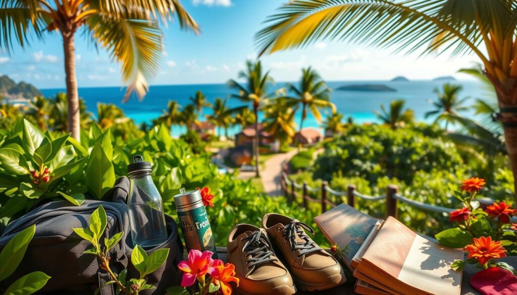 A tranquil, sun-drenched scene of a tropical paradise. In the foreground, a neatly organized collection of practical travel essentials - a sturdy backpack, comfortable walking shoes, a reusable water bottle, and a weathered guidebook. Surrounding them, lush, verdant foliage and colorful flowers, hinting at the vibrant local flora. In the middle ground, a winding path leads the eye towards a picturesque village, its traditional architecture nestled among the palm trees. The background is dominated by a stunning, azure ocean view, with a few distant islands on the horizon. The overall atmosphere is one of peaceful anticipation, inviting the viewer to embark on an enriching journey to this enchanting destination.
