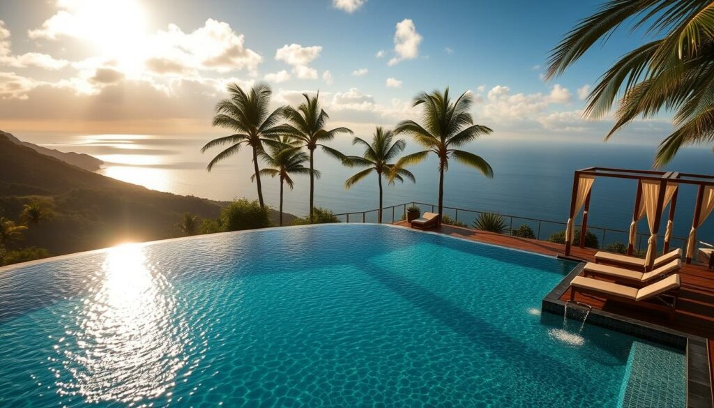 A tranquil wellness oasis nestled amidst the lush, verdant landscape of Madeira. A sparkling, infinity-edge pool glimmers under the warm, golden light, seamlessly blending with the breathtaking ocean vistas in the distance. Plush lounge chairs and cabanas invite guests to relax and unwind, surrounded by the soothing sound of cascading water features. Verdant palm trees sway gently in the soft breeze, creating a serene, tropical ambiance. The entire scene is captured through a wide-angle lens, emphasizing the expansive, awe-inspiring setting. This is a true haven of relaxation and rejuvenation, a sanctuary for the senses in the heart of the stunning Madeiran landscape.