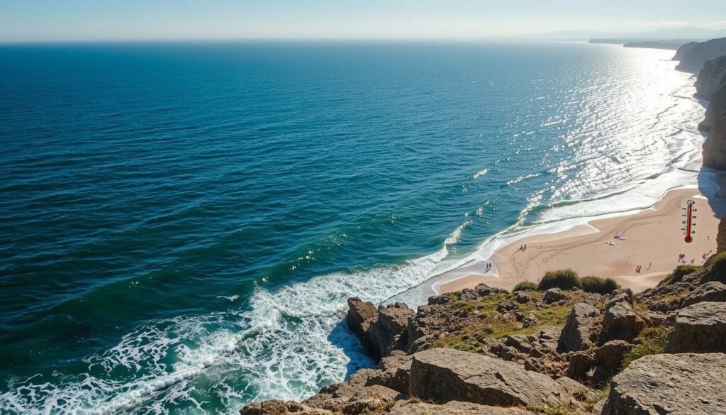 A vast expanse of the deep blue Atlantic Ocean, its waters gently lapping against the rocky shoreline of the Iberian Peninsula in September. The sun's rays dance across the undulating surface, casting a warm, golden glow over the scene. In the foreground, a thermometer submerged in the waves indicates the water temperature, a crucial detail for those seeking to enjoy the seaside during their visit to Porto. The middle ground features a picturesque beach, with soft, sandy dunes and a few beachgoers soaking up the last of the summer sun. In the distance, the rugged cliffs and lush, verdant landscapes of the Portuguese coastline provide a stunning backdrop, hinting at the natural beauty that awaits travelers during this temperate time of year.
