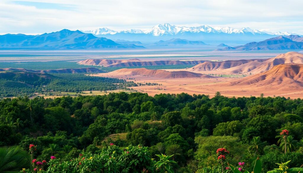 A vast landscape showcasing the regional climate differences across a diverse terrain. In the foreground, a lush tropical forest with verdant foliage and vibrant flowers. Further back, rolling hills transition into a dry, arid region with sparse vegetation. In the distance, snow-capped mountains rise majestically, their peaks illuminated by soft, diffused lighting. The scene conveys a sense of balance and contrast, highlighting the dramatic shifts in temperature, precipitation, and ecosystems within a single geographic area. Captured with a wide-angle lens to emphasize the scale and grandeur of the natural world.
